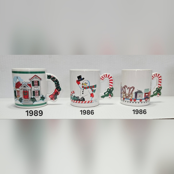 3 Vintage Christmas Holiday "Love Mugs", Home '89 Snowman Candy Cane & Train '86 - Picture 1 of 6